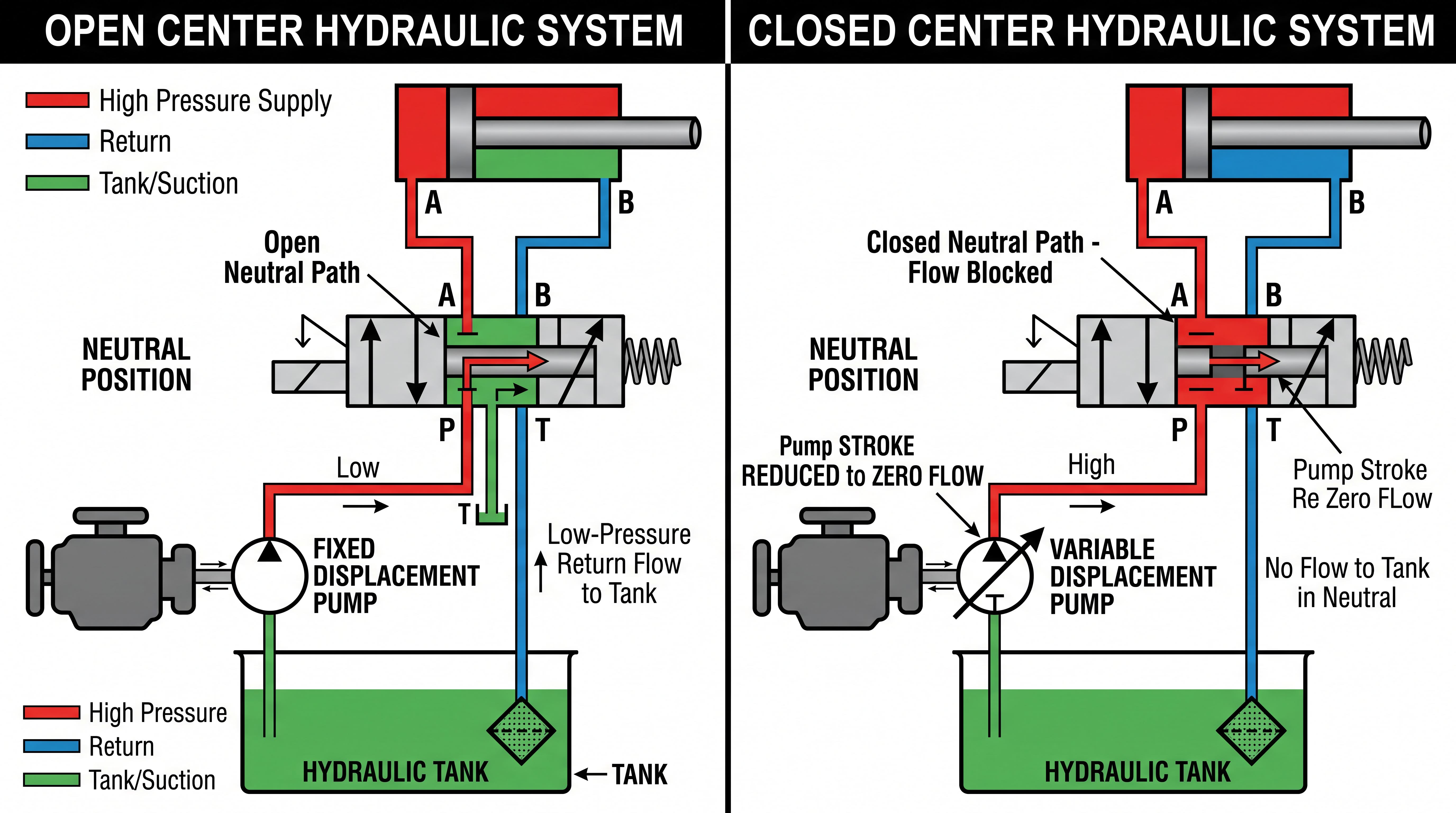 Open center and closed center hydraulic system comparison showing pump flow, neutral valve position, return path and variable displacement pump behavior